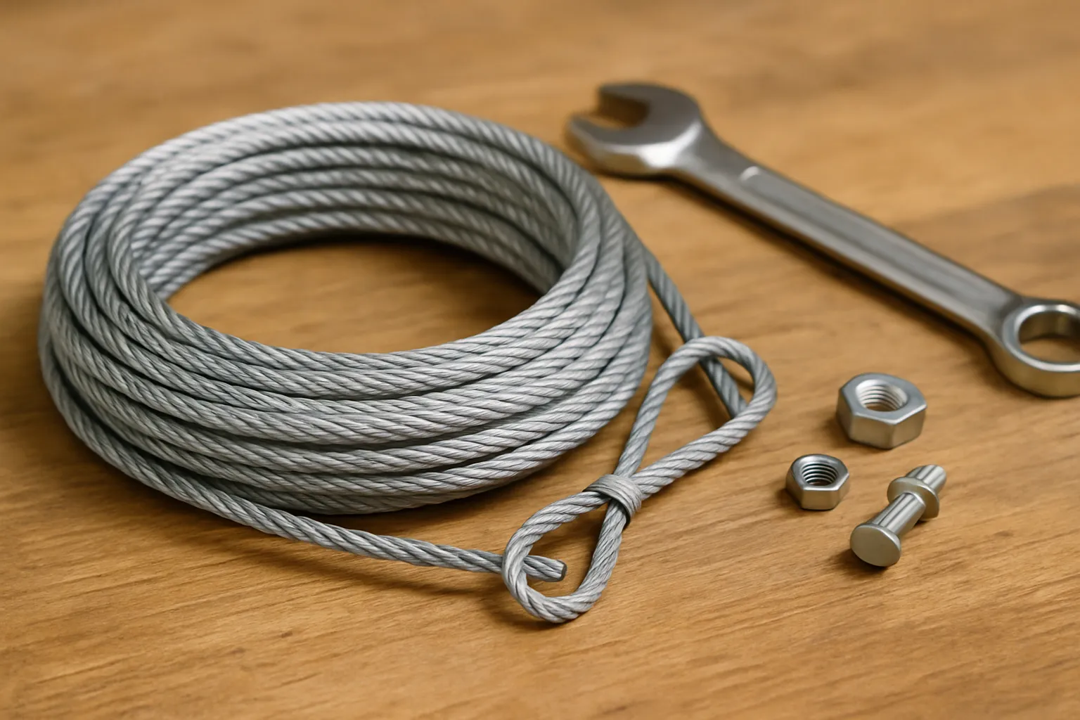 coiled new garage door lift cable with a wrench on a workbench